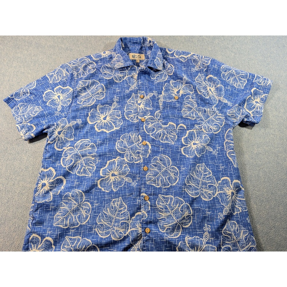 Uzzi Amphibious Gear Mens Blue Tropical Hibiscus Floral Button Down Shirt HP65 L